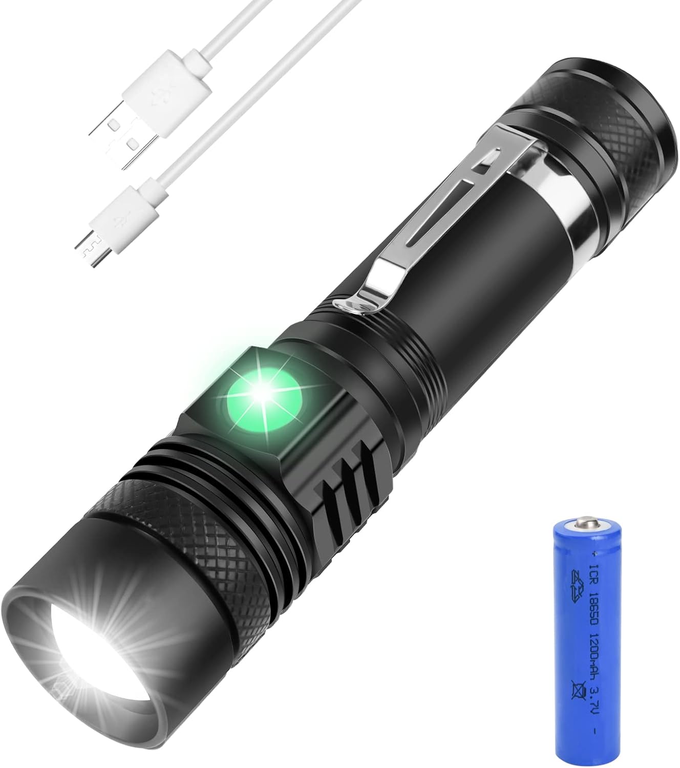 Latarka akumulatorowa USB latarka LED tryby odporna na wstrząsy wodoodporna i z zoomem z akumulatorem i ładowarką USB do użytku domowego kempingowego