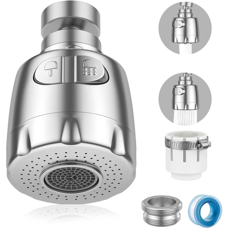 Ahlsen Aerator do kranu, obrotowy kran 360°, perlatory do kranu, oszczędzający wodę regulator filtra do kranu, głowica natryskowa, 2 tryby