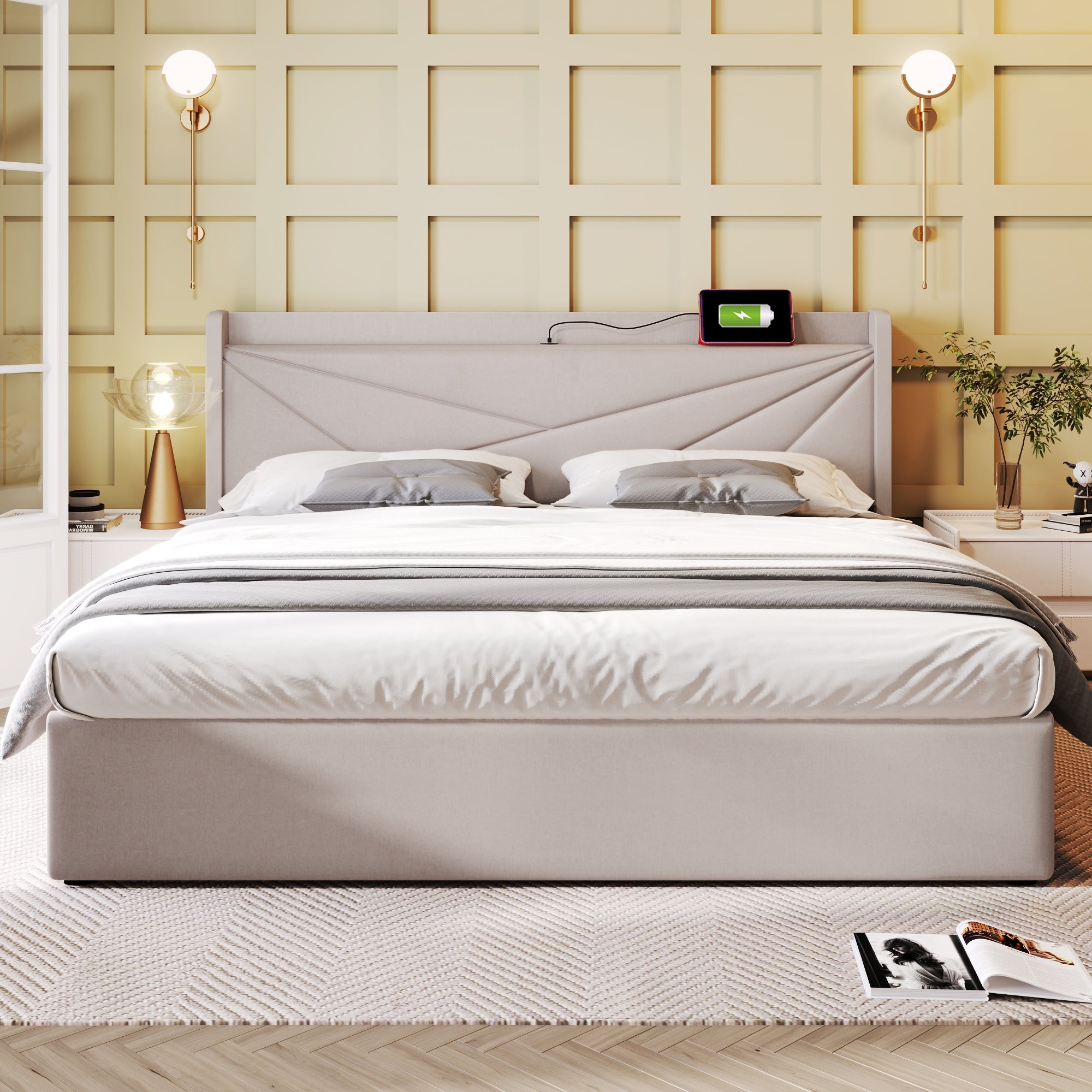 Lit rembourré 180x200, double boîte de rangement avec fonction de chargement USB type C, cadre en lin (sans matelas) - 4