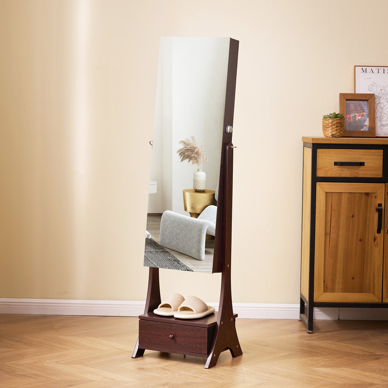 Armoire à Bijoux VEVOR avec Miroir Pleine Longueur, Organisateur sur Pied, Verrouillable, Intérieur LED, Velours, Tiroirs, Marron - 8