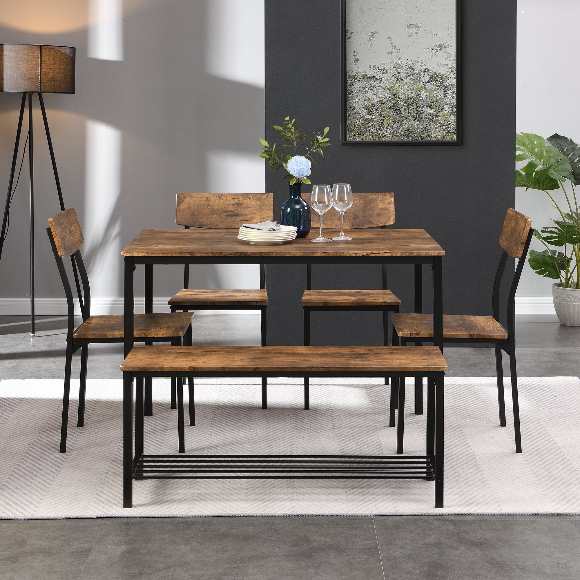 Ensemble Table et 4 Chaises 1 Banc - 6 places - cadre en acier - style industriel - Marron - 5