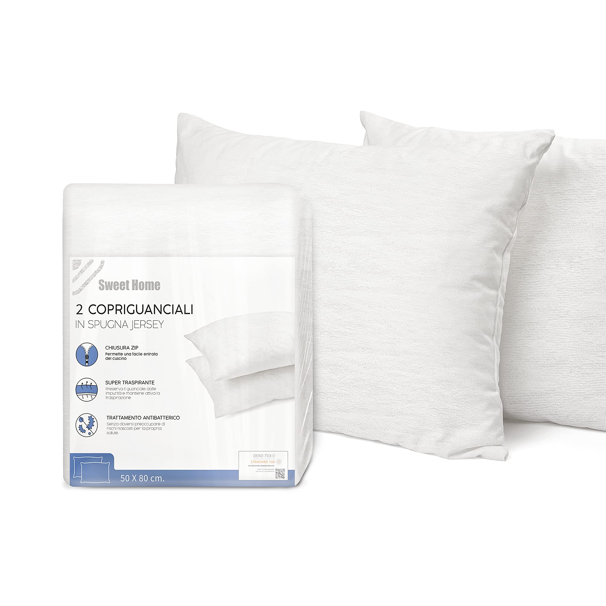 Sweet home - set 2 federe copricuscini in spugna jersey e cotone con chiusura a zip, super traspirante, antipiega e antibatterico - copri cuscini lava