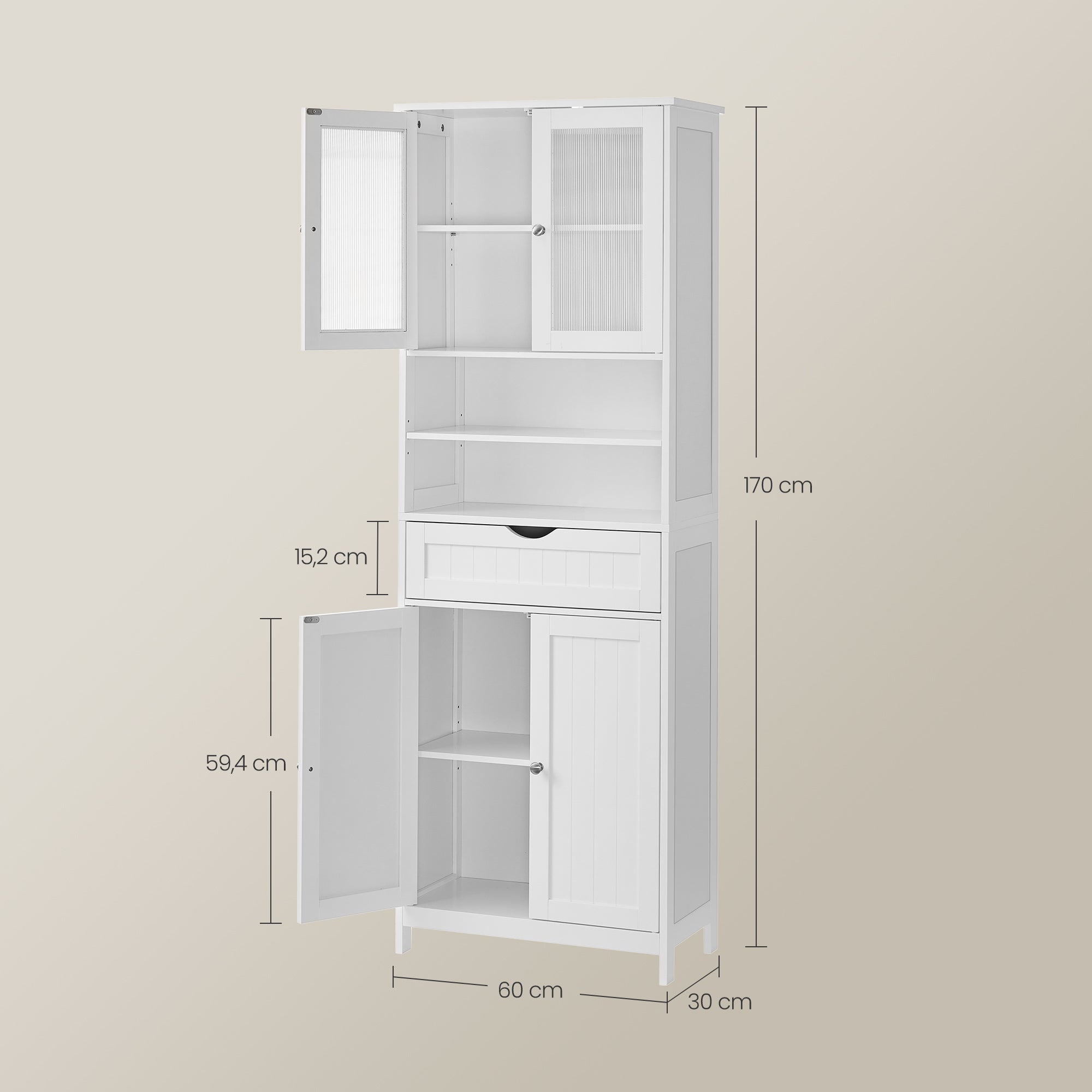 Armoire de Rangement Haute avec Étagères Réglables, Placard et Tiroir, pour Salle de Bains, Cuisine, Salon, Blanc - 5