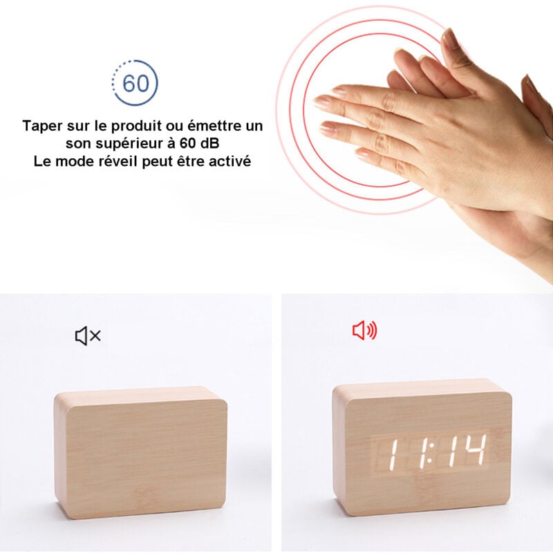Réveil moderne en bois - LED Réveil en Bois Numérique Réveil Bureau Date 12/24 Heure - Pour la maison,Horloge Numérique - 2