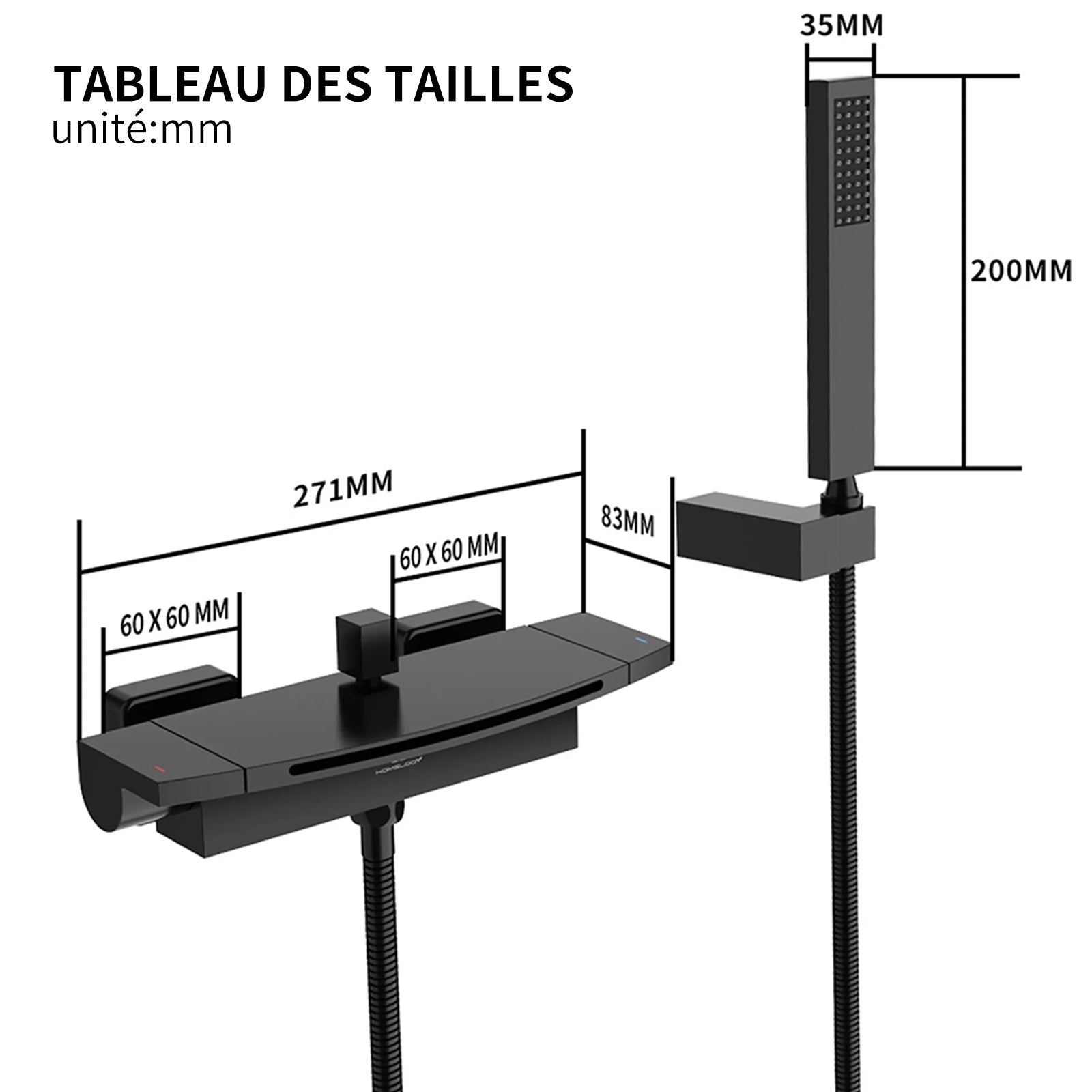 Mitigeur de Baignoire Cascade en Laiton Noir Mat - Robinet Mural Économiseur d'Eau avec Grand Sortie d'Eau, Douchette à Main et Flexible - 8