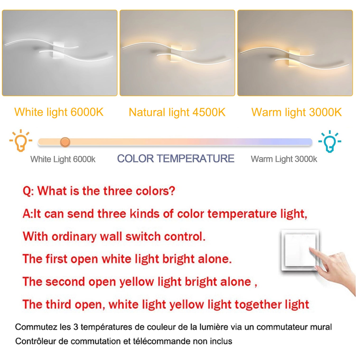 Aplique LED de pared de 60 cm x 15 cm, moderno aplique de arco, lámpara de noche para interior, luz de techo, 3 temperaturas de color (3000 K-6000 K) - 4