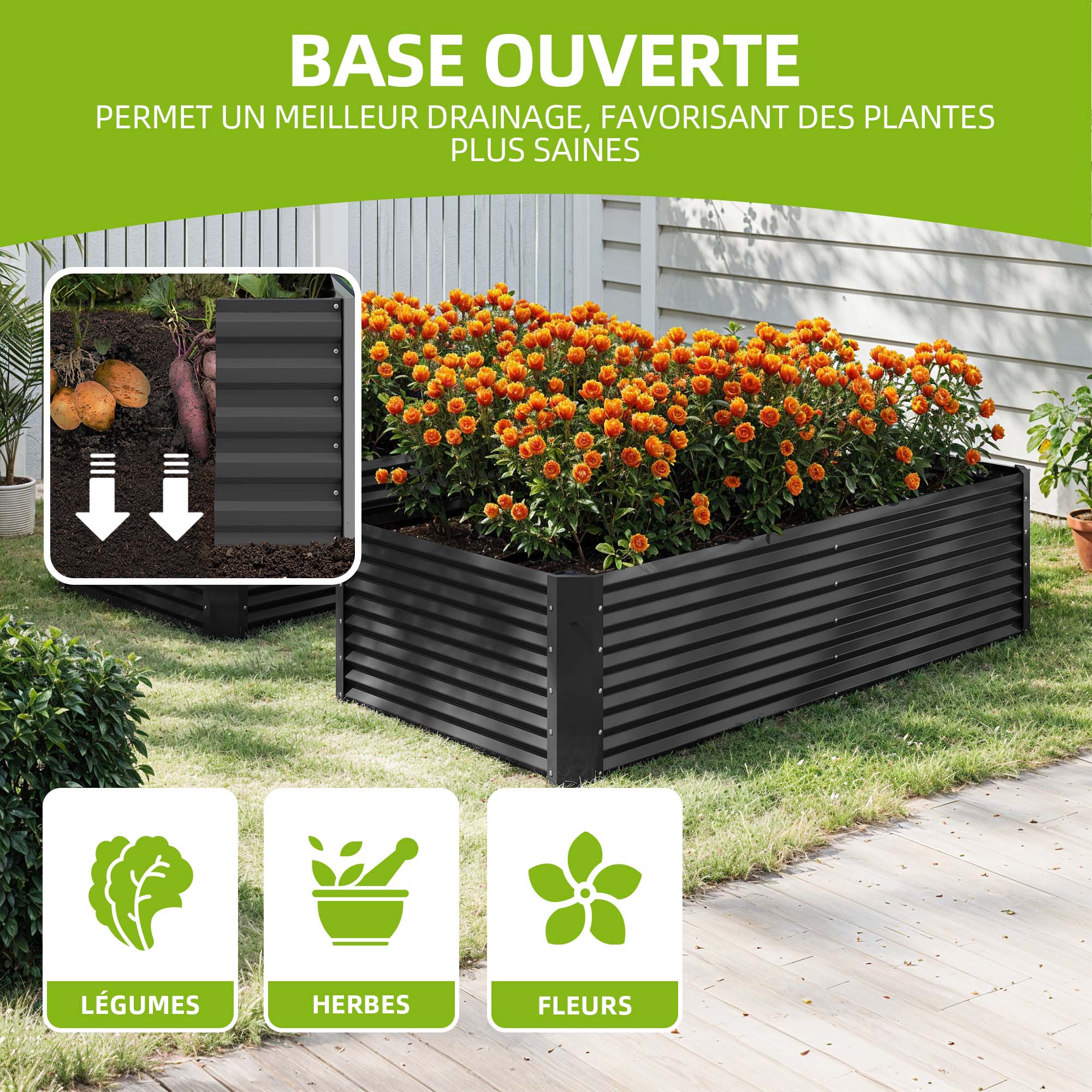 Lot de 2 Carré Potager de Jardin, 240x120x58 cm, Lit Jardinière surélevée, en Métal pour Jardin Forme carrée - 5