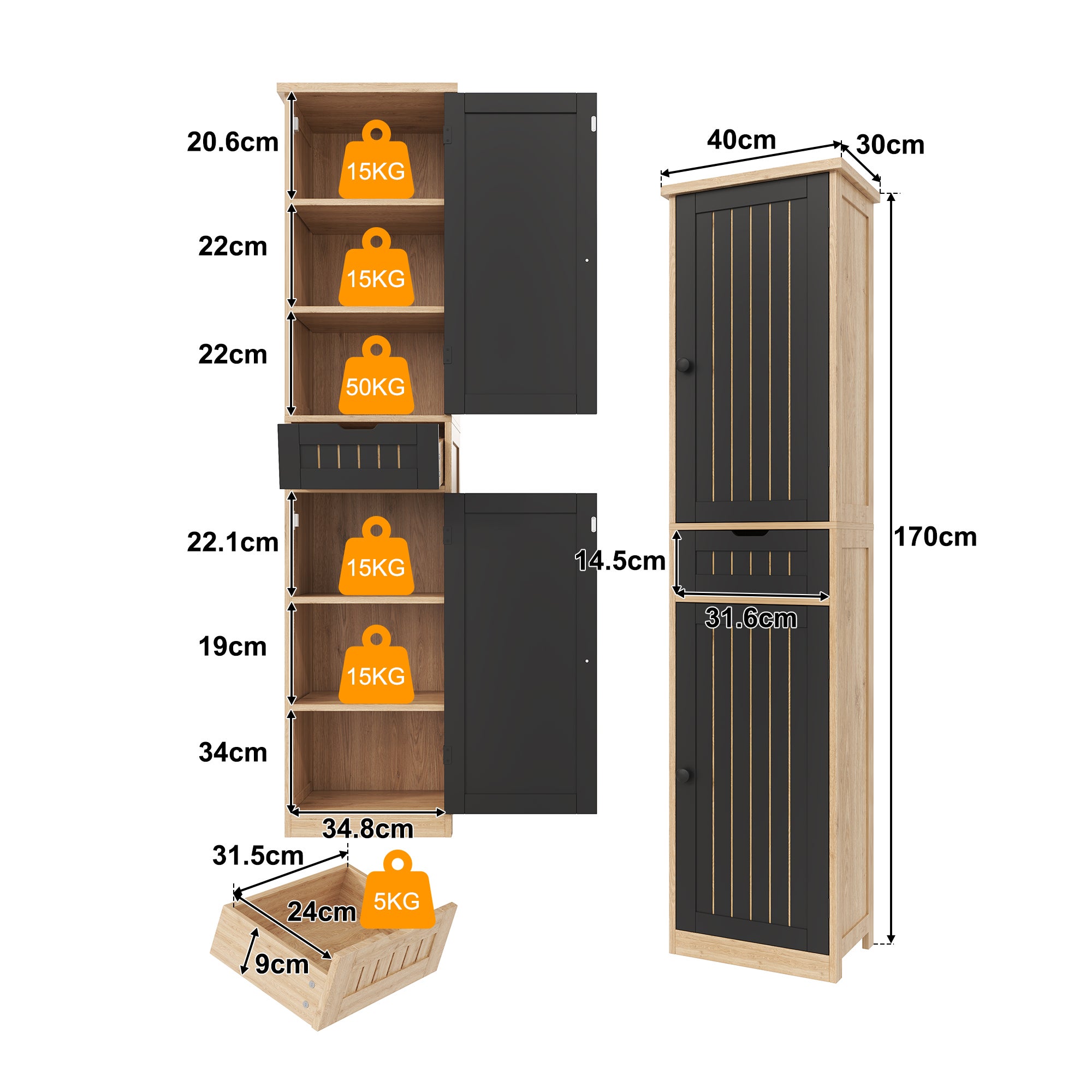 Colonne de rangement avec 2 portes, 1 tiroir et 4 étagères réglables, buffet de cuisine - 40 x 30 x 170 cm - MDF - Naturel + noir - 5