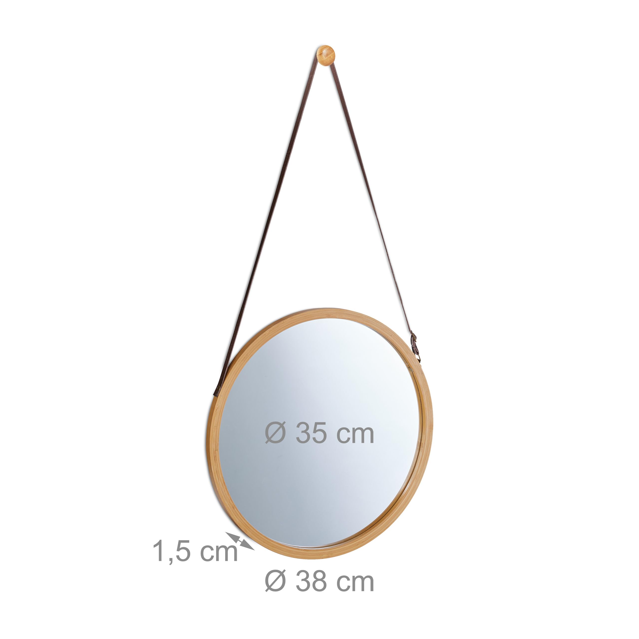 Miroir suspendu rond, sangle réglable, cadre bambou, entrée, salle de bain & WC, diamètre : 38 cm, nature, Relaxdays - 9