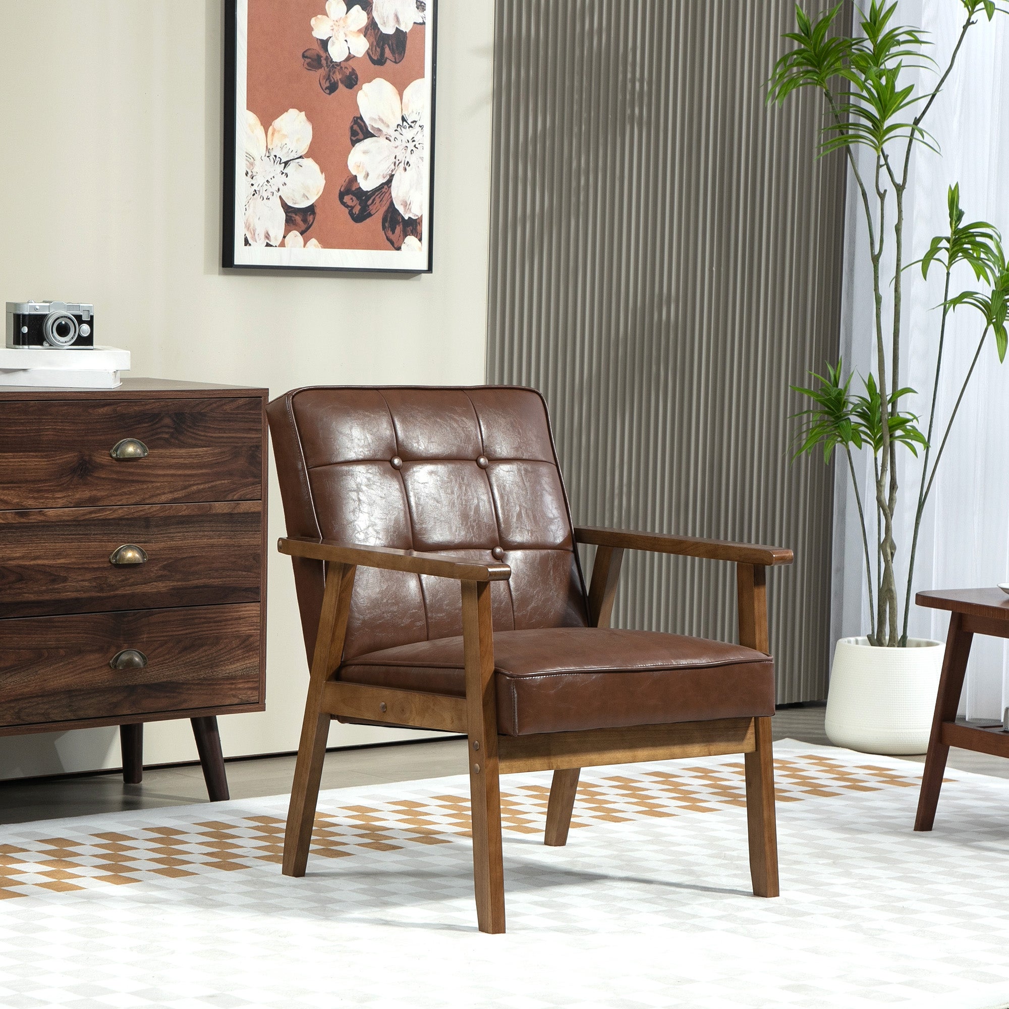 Fauteuil de salon, fauteuil de chambre en cuir synthétique, dossier capitonné, pieds en bois massif, 64x73x81cm, marron - COMFORTXL - 2
