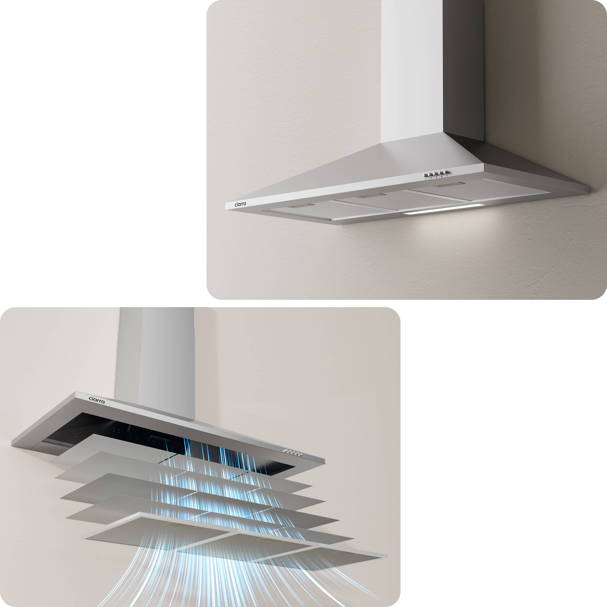 CIARRA Exaustor de parede 90 cm 370 m³/h A++ 3 Velocidades com Filtros de Carvão Extração ou Recirculação Inox 201SS90 - 5