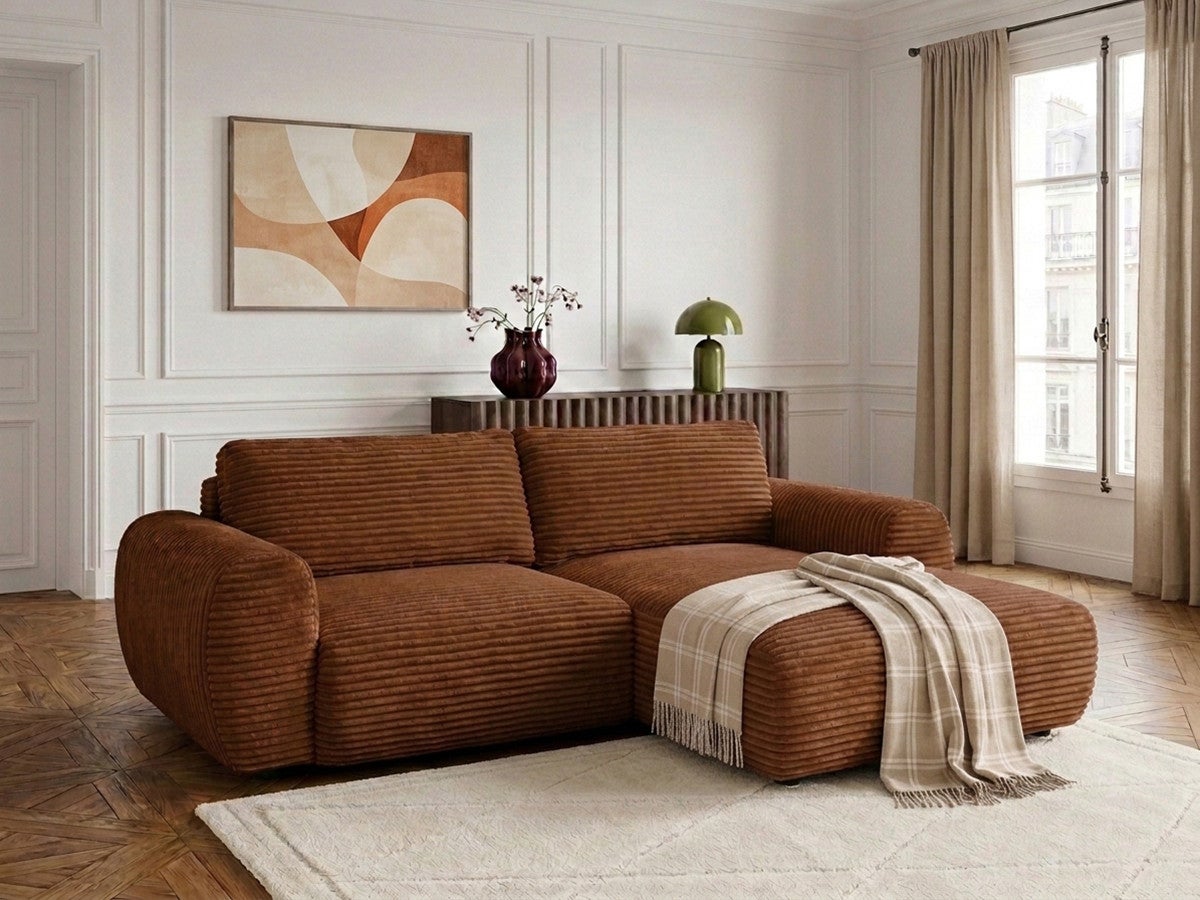 Canapé d'angle compact convertible coffre LUCIEN gros côtelé doux ...