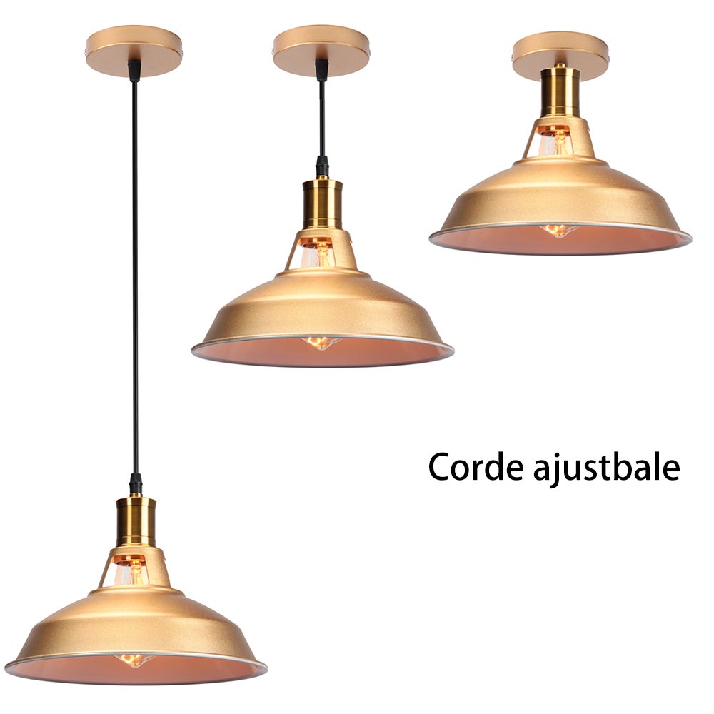 Lustre Suspension Industrielle Vintage E27 LED Lampe Plafonniers Retro Abat-jour pour Cuisine Salle à manger Salon Chambre Restaurant, Doré - 4