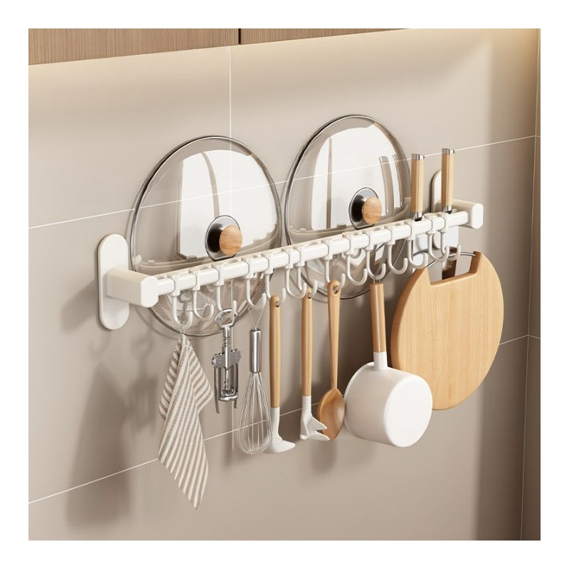 Aluminiowy uchwyt na noże z haczykami, uchwyt na pokrywkę garnka - uchwyt na noże*2+haki*14 - biały 80*8,5*6,5 cm