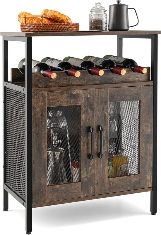 Szafka na wino, szafka kuchenna ze zdejmowanym regałem na wino i wbudowanymi uchwytami na szkło, komoda drewniana, komoda w stylu vintage