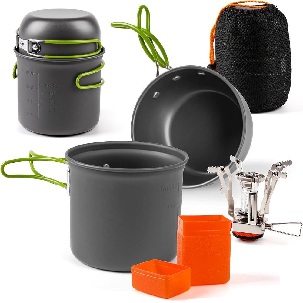Lot 4 Ustensiles Cuisine Camping Inox – Casserole 900+600ml, 2 Assiettes, Empilable, Portable – Pique-Nique, Randonnée, BBQ Extérieur