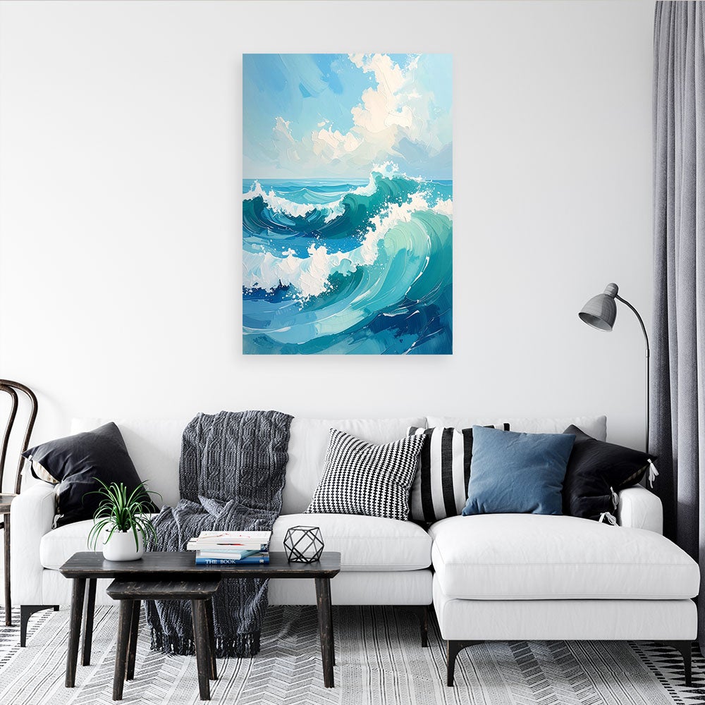 Obraz do salonu sypialni, Morze i Fale Nowoczesny Pastelowy Pejzaż Niebieski 60x90 - 2