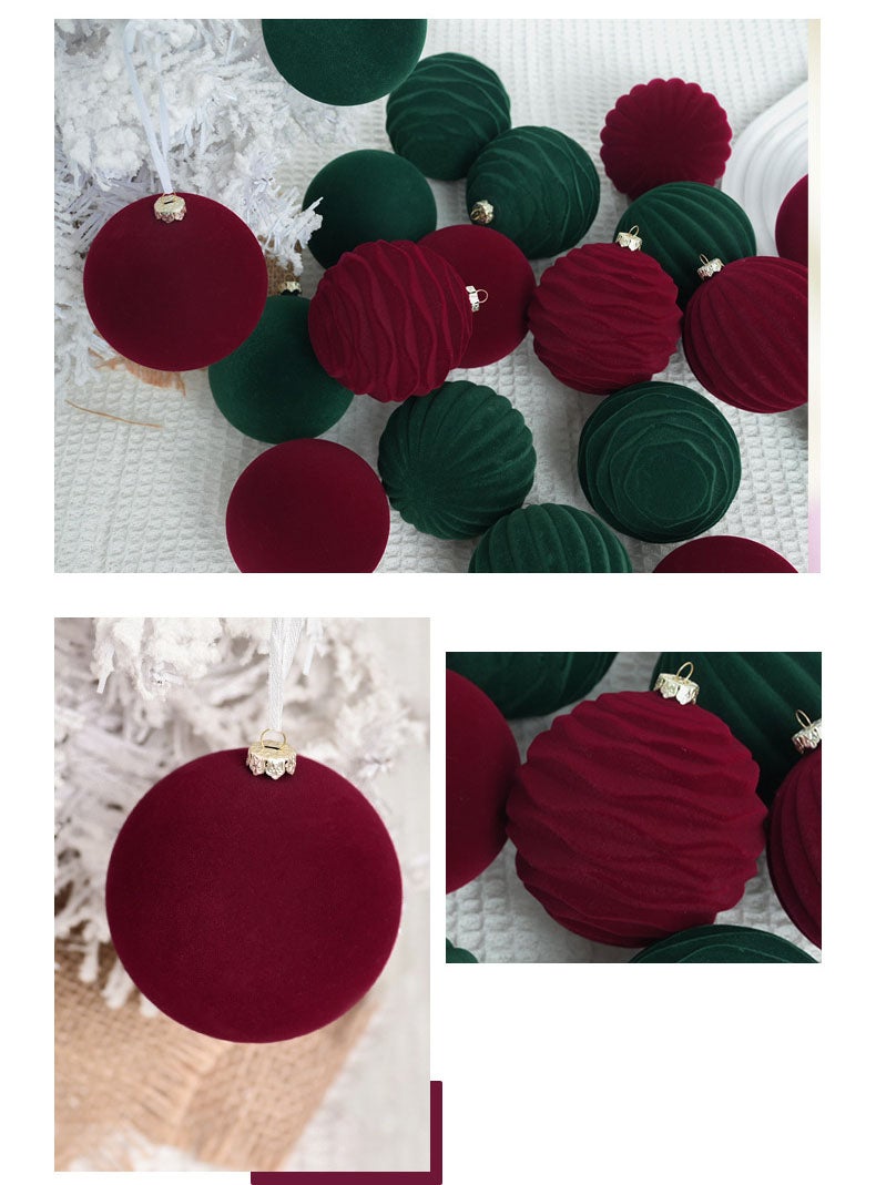 12 peças de decorações de bola de Natal retro requintadas, bolas de Natal de veludo, 8 cm, cor de vinho - 3