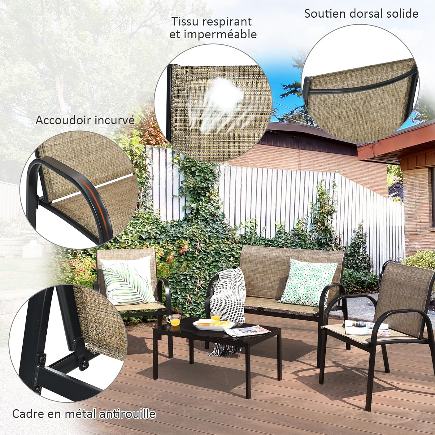Ensemble Salon de Jardin 4 Pièces en Métal, 2 Fauteuils, Ensemble de Meubles de Patio(Marron) - 3