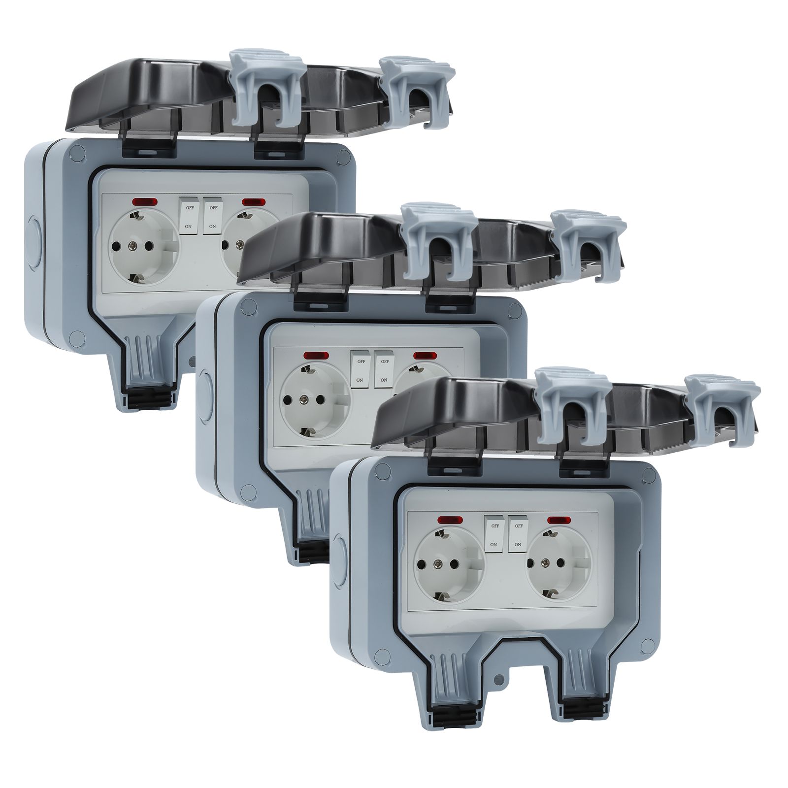 Prise Extérieure Étanche IP66 - Double Prise avec Interrupteur, Câble 3M & Couvercle Rabattable - Résistant aux Intempéries pour Jardin, Terrasse, Gris Prise Extérieure Étanche IP66 - Double Prise avec Interrupteur, Câble 3M & Couvercle Rabattable - Résistant aux Intempéries pour Jardin, Terrasse, Gris