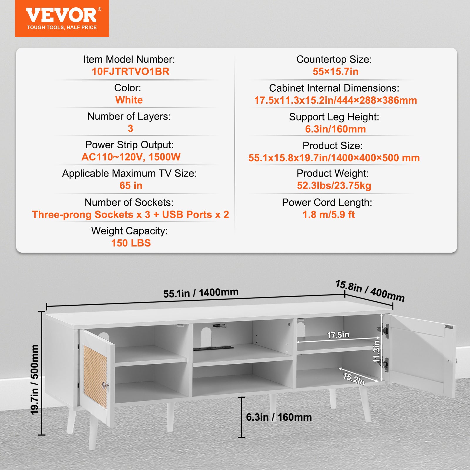 Meuble TV VEVOR en Rotin, pour Téléviseur 65 Pouces, Banc TV Bohème avec Porte en Rotin, Centre de Divertissement avec Prise Intégrée et Ports USB - 7