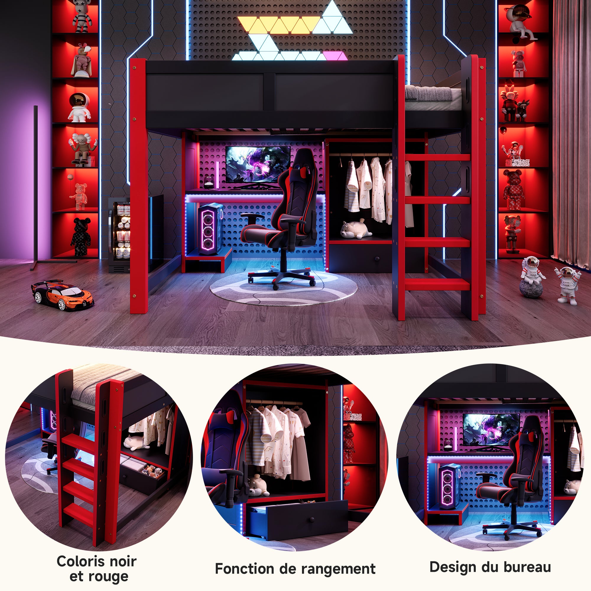 Lit mezzanine adulte 140x200cm avec bureau et éclairage LED, lit superposé en bois avec armoires intégrées et tiroirs - Pin - noir (sans matelas) - 5