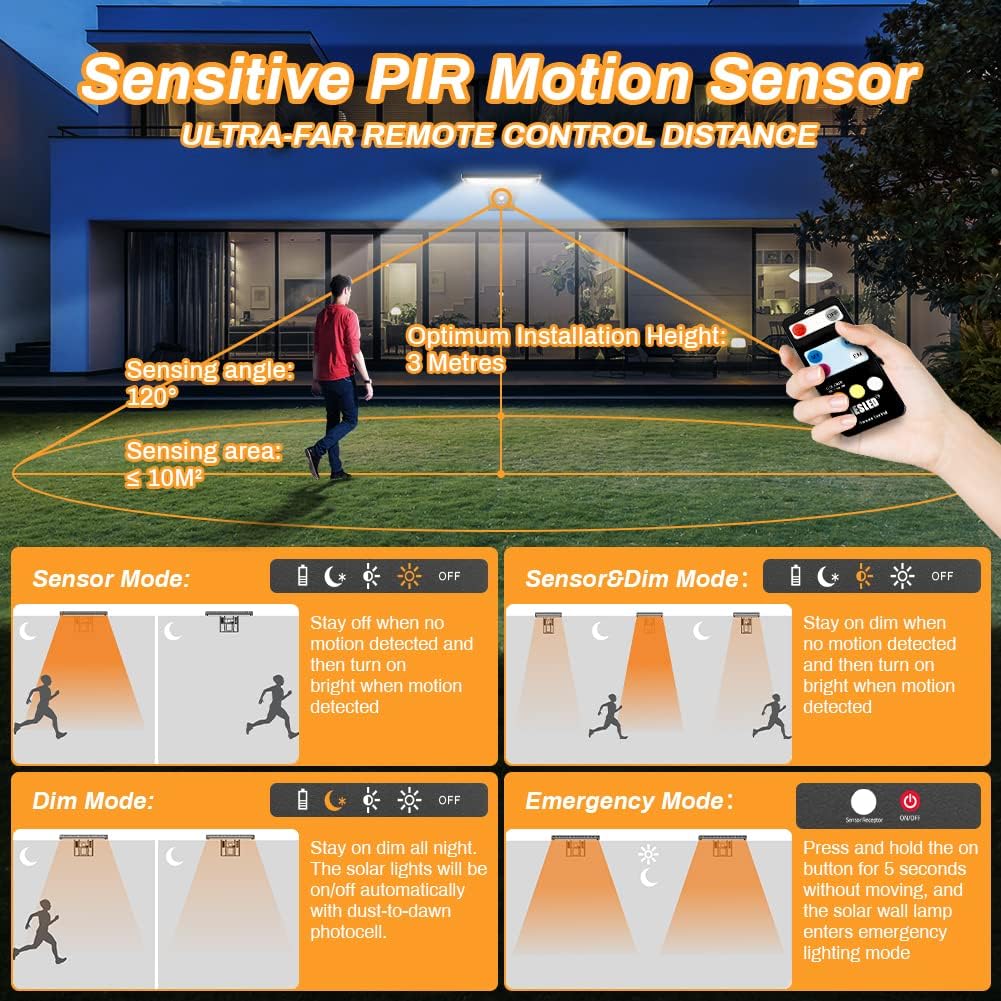 Lampe solaire de sécurité, 104 LED, détecteur de mouvement, télécommande, étanchéité IP65, 3 températures de couleur, 4 modes - 5