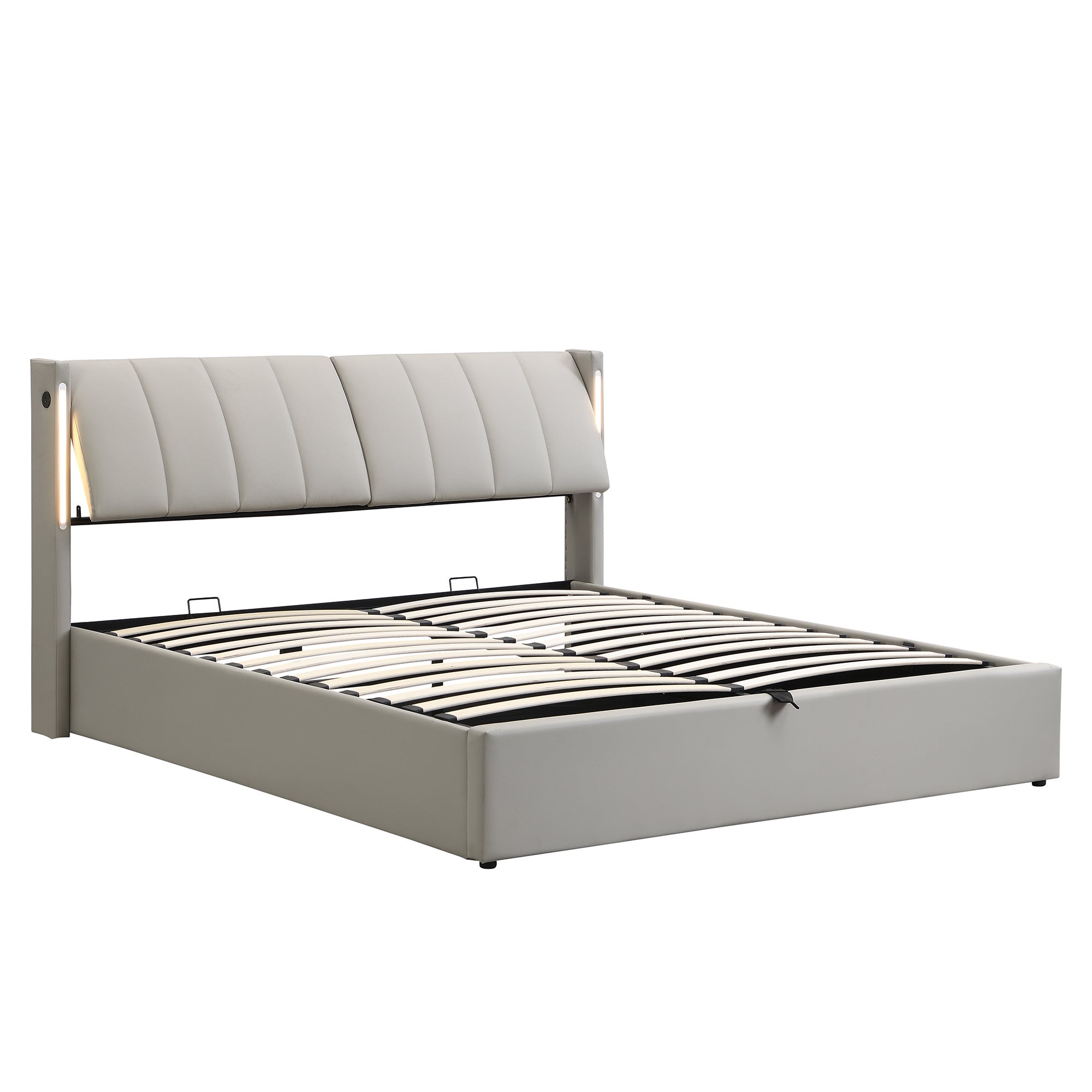 Cama contenedor tapizada en piel sintética - 160x200 cm - con puerto USB y LED - cabecero de ángulo ajustable - Gris - 4