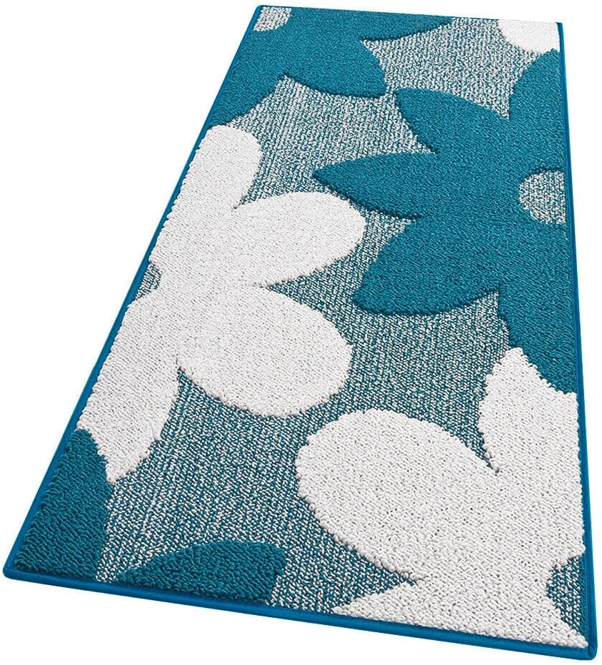 Dywan Kuchenny 50x135 cm Antypoślizgowa 100% Made in Italy Zmywalny Nowoczesny Kwiaty 3D Niebieski