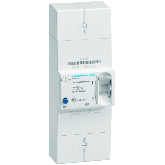 Disjoncteur de branchement différentiel 2P 15/45A 500mA instantané - HAGER - HDA245