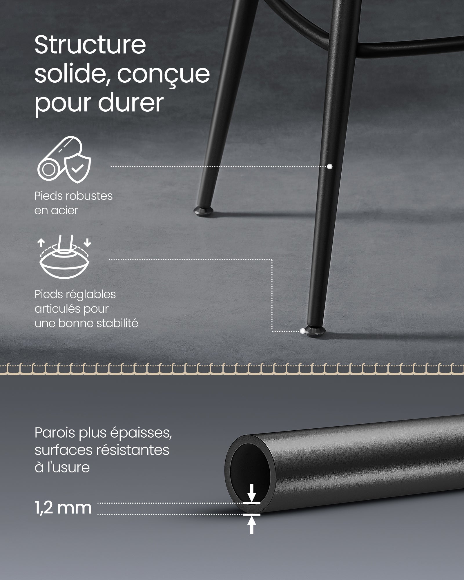 Tabouret de Bar, Lot de 2, Siège Rembourré, PU avec Coutures, Style Moderne Mi-siècle, Hauteur 65 cm, Noir d'encre - 4