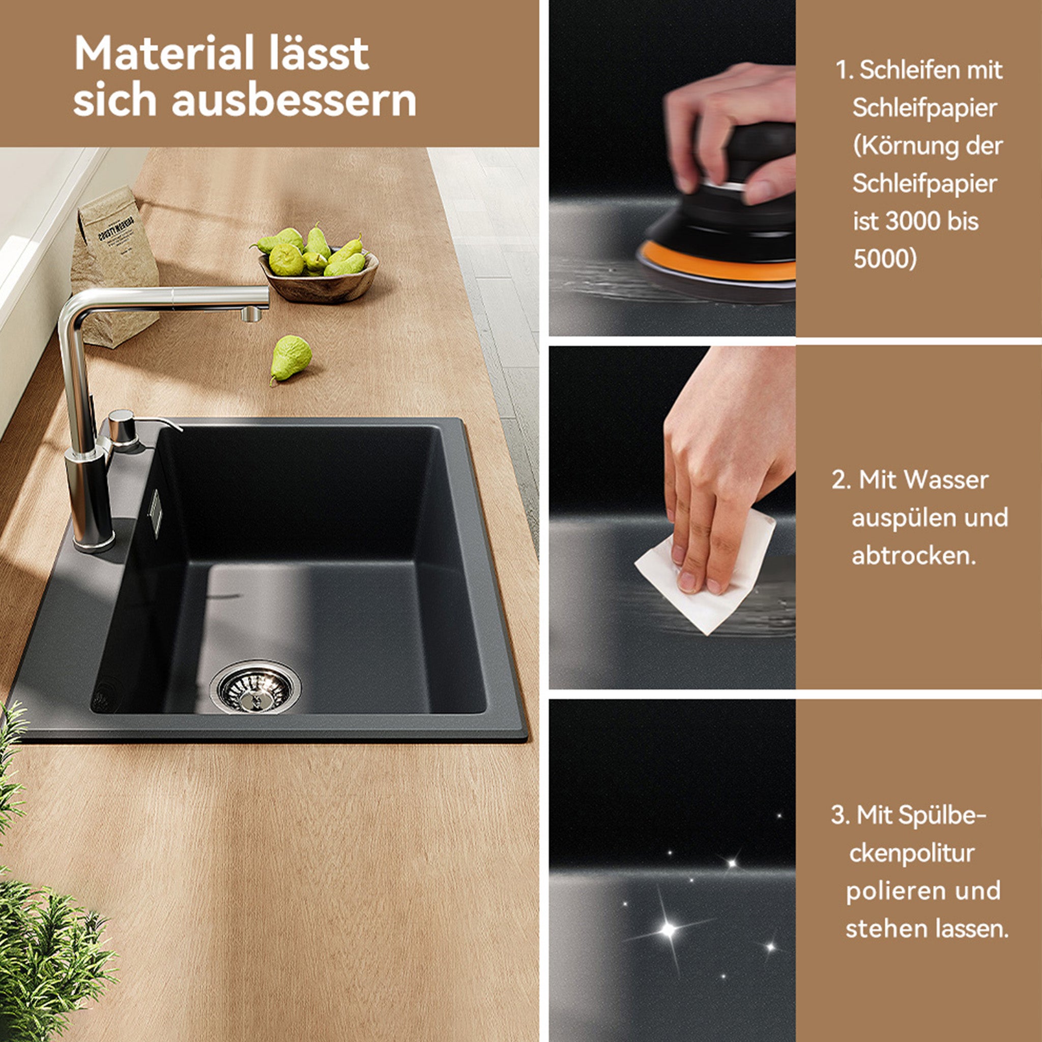 60x45 cm Évier de cuisine en quartz encastrable - évier encastré, grand évier de cuisine à 1 bac avec siphon, évier noir avec trou pour robinet HOROW - 5