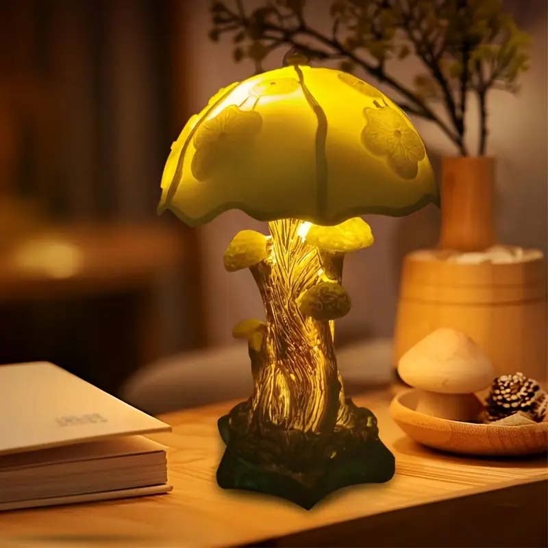 Lampa stołowa USB z żółtym grzybkiem żywica kwiatowa dekoracyjna lampka nocna do sypialni salonu akademika idealny prezent nastrojowe oświetlenie