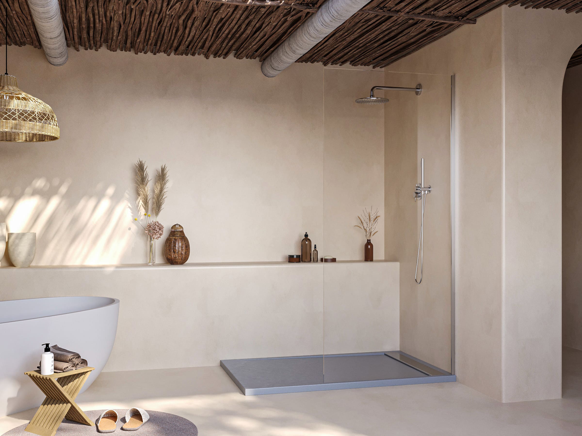 SOULHOME Brodzik prysznicowy– Żywica– Gel Coat– Gładka/Kamienna tekstura – Antypoślizgowy – szary- 140x90- Niski 3cm– Ruszt INOX