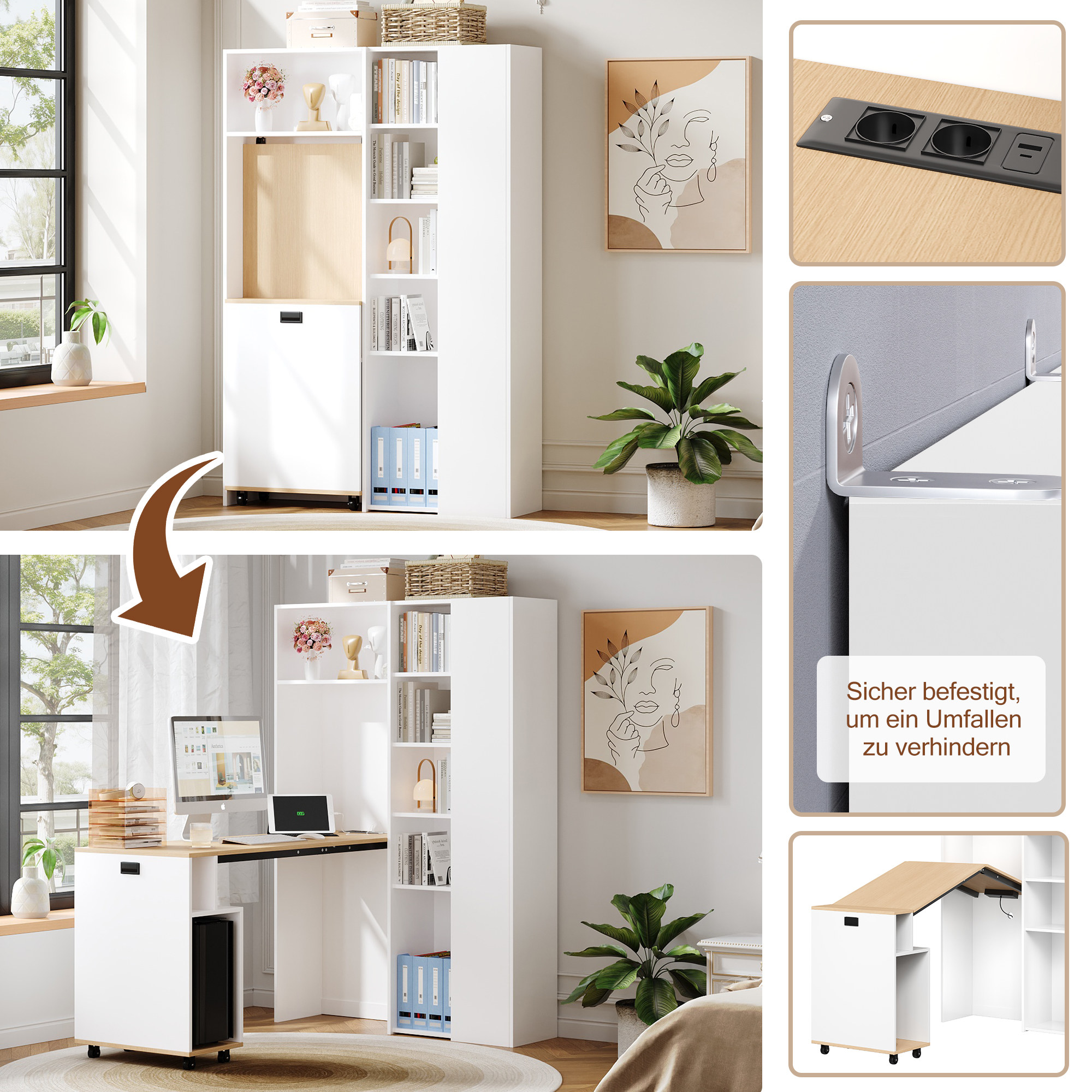 Bureau pliable avec Bibliothèque - 139 x 50 x 71 cm + 104.5 x 30.5 x 160 cm - MDF - Prises de charge et USB - Etagères réglables - Blanc - 4