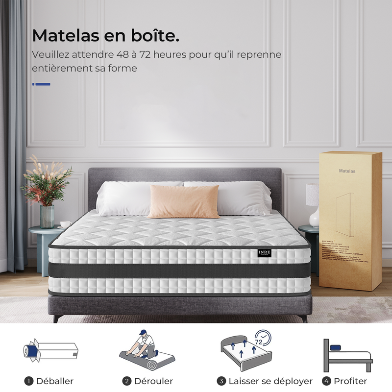 Matelas 140x200 cm – INRE - Épaisseur 25 cm – Matelas hybride à ressorts ensachés indépendants – 7 Zones ergonomiques - 6