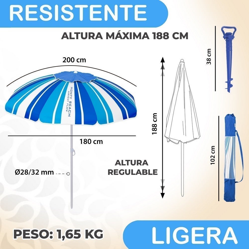Parasol de plage 200 cm et support en sable, protection UV+50 MONTY - 2