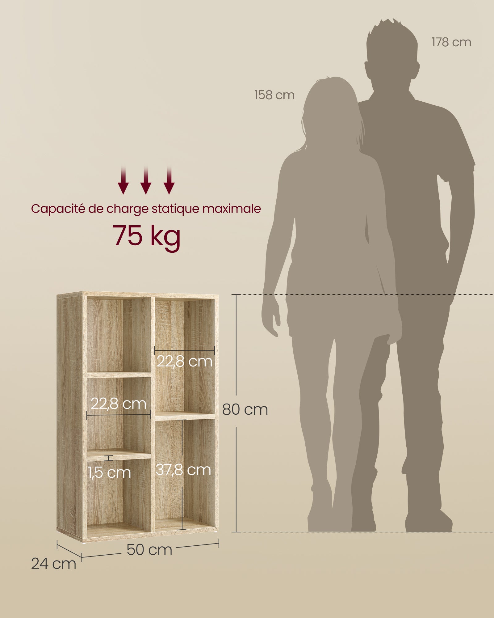 Bibliothèque pour Bureau en Bois Marron H. 80.0 x l. 50 x P. 24.0 cm - 5