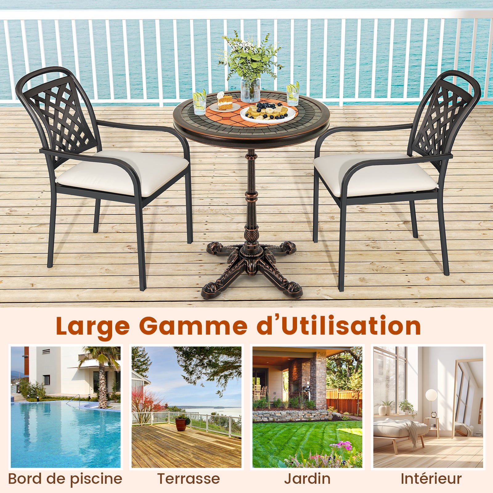 Table de Jardin Ronde de 60,5 cm, Table en Aluminium Coulé Résistante aux Intempéries avec Texture Sculptée et Plateau Peint, Bronze - 5
