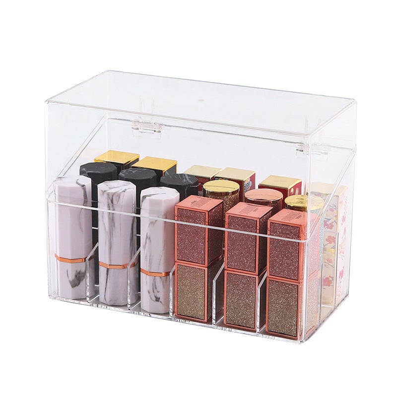 Organisateur de rouge à lèvres transparent en acrylique à 18 compartiments avec couvercle, organisateur de bureau anti-poussière. - 6