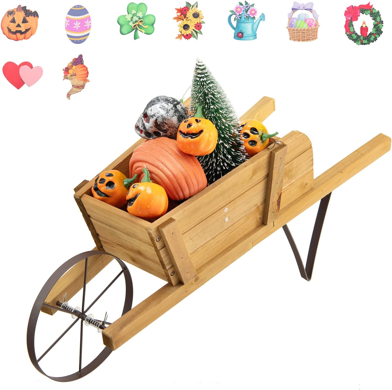 Wózek na kwiaty z drewna sosnowego, wózek na rośliny z 9 magnetycznymi akcesoriami, 1 żelaznym kołem i 2 uchwytami,obciążenie 5 kg, (orzech włoski)