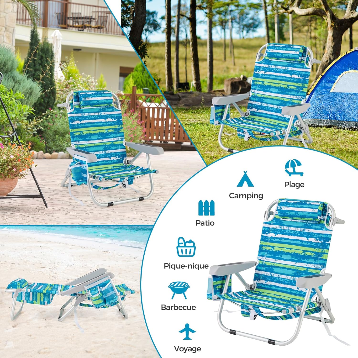 Chaise Plage Pliant pour Adulte, Camping Légère Portable en Alu., Dossier Réglable 5 Positions,Sac Rangement, Porte-Serviettes,à Plat,Charge 150KG - 4