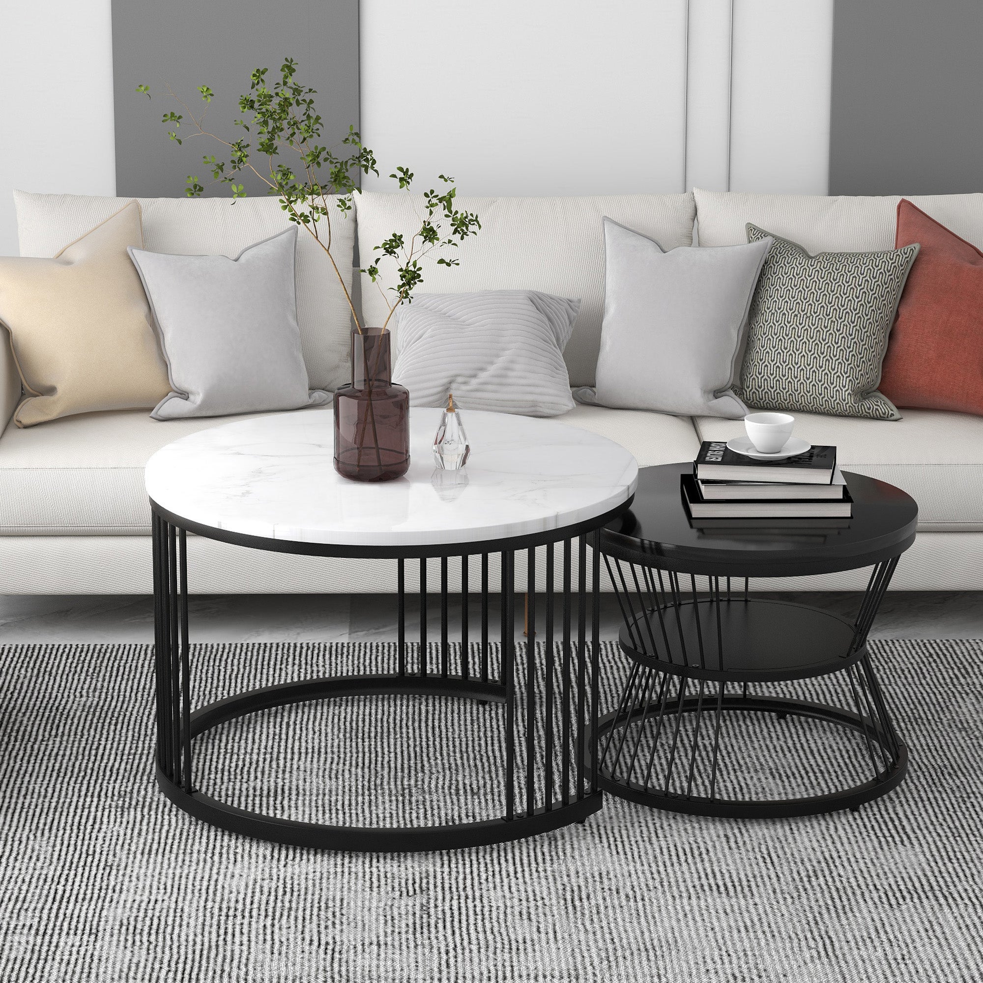 Lot de 2 tables basses gigognes - style scandinave - placage à motif de ...