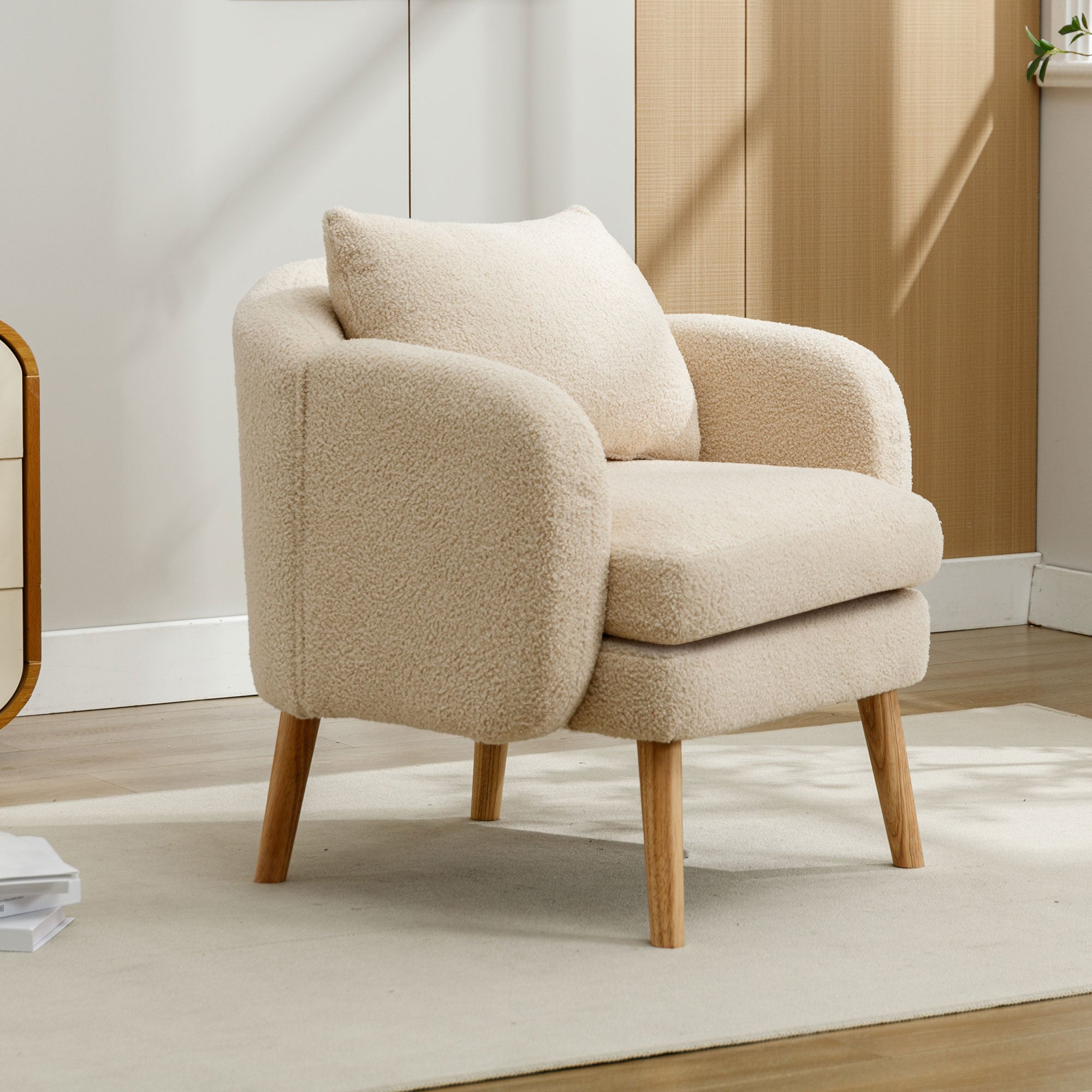 Poltrona moderna singola in velluto Teddy (con cuscino), poltrona con cuscino extra spesso, poltrona singola per divano, piedini in legno massiccio - 2