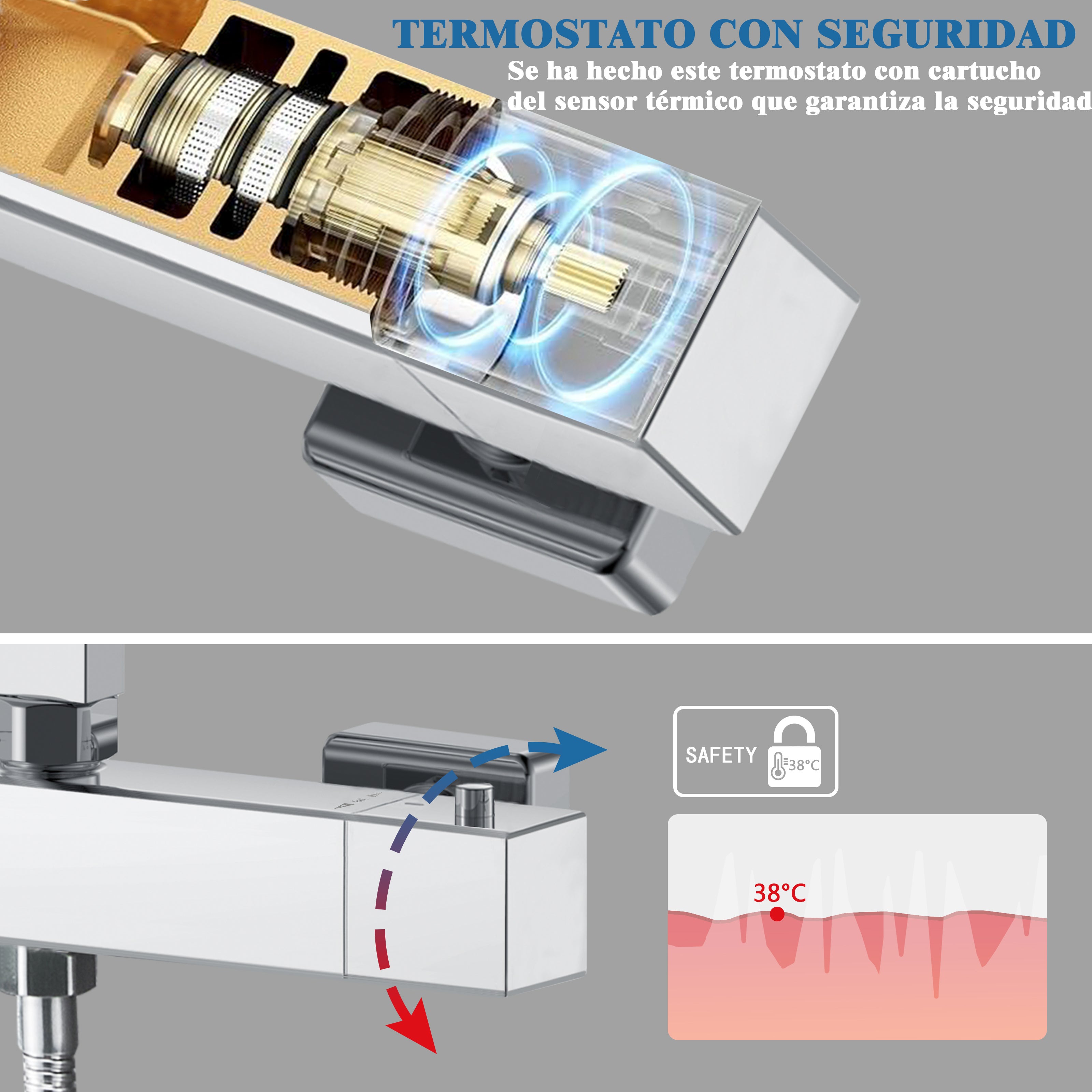 Aica Coluna de Chuveiro Chuveiro Quadrado com Termostato 20x20cm Chuveiro Superior Prata Brilhante Barra Regulável - 4