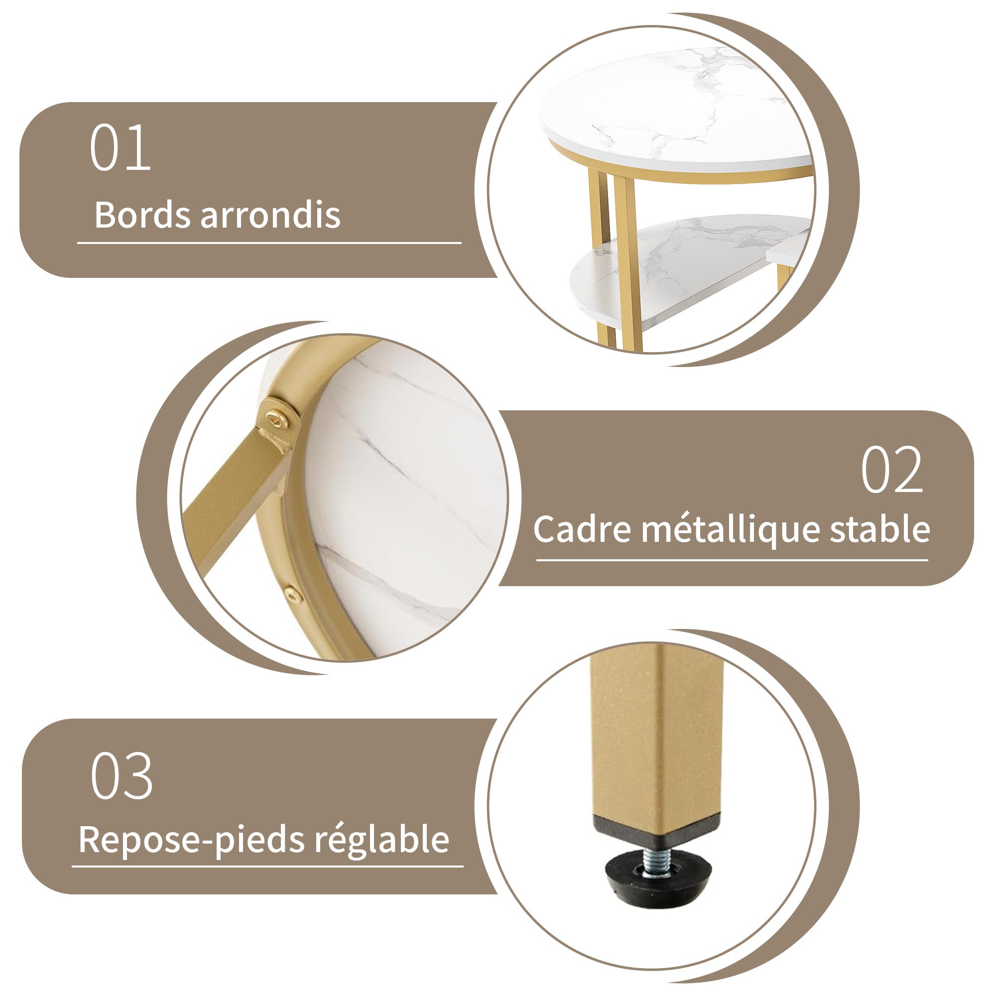 Lot 2 Tables basses gigognes ovale/ronde, 2 étagères, bois effet marbre, métal doré, scandinave, Blanc - 8