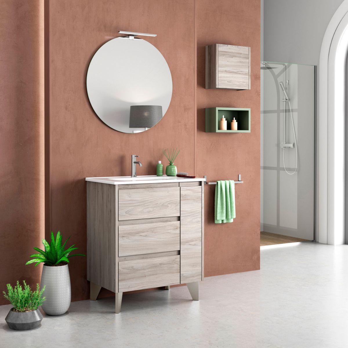 Mueble Bano al Suelo con Lavabo Ceramico y Patas 70cm 3 cajones 1 Puerta con Cierre Amortiguado y Organizador Pino Gris Leroy Merlin