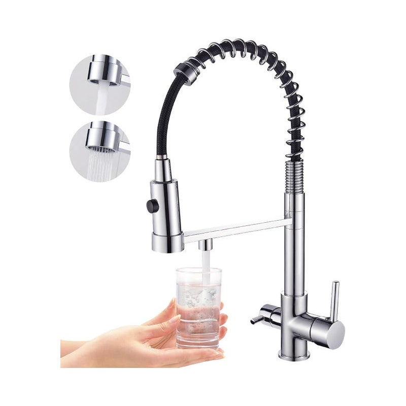 Trójdrożny kran kuchenny, wyciągana wylewka kuchenna, mosiężny kran zlewozmywakowy, bateria mieszaczowa 3 w 1 z filtrem wody (chrom)