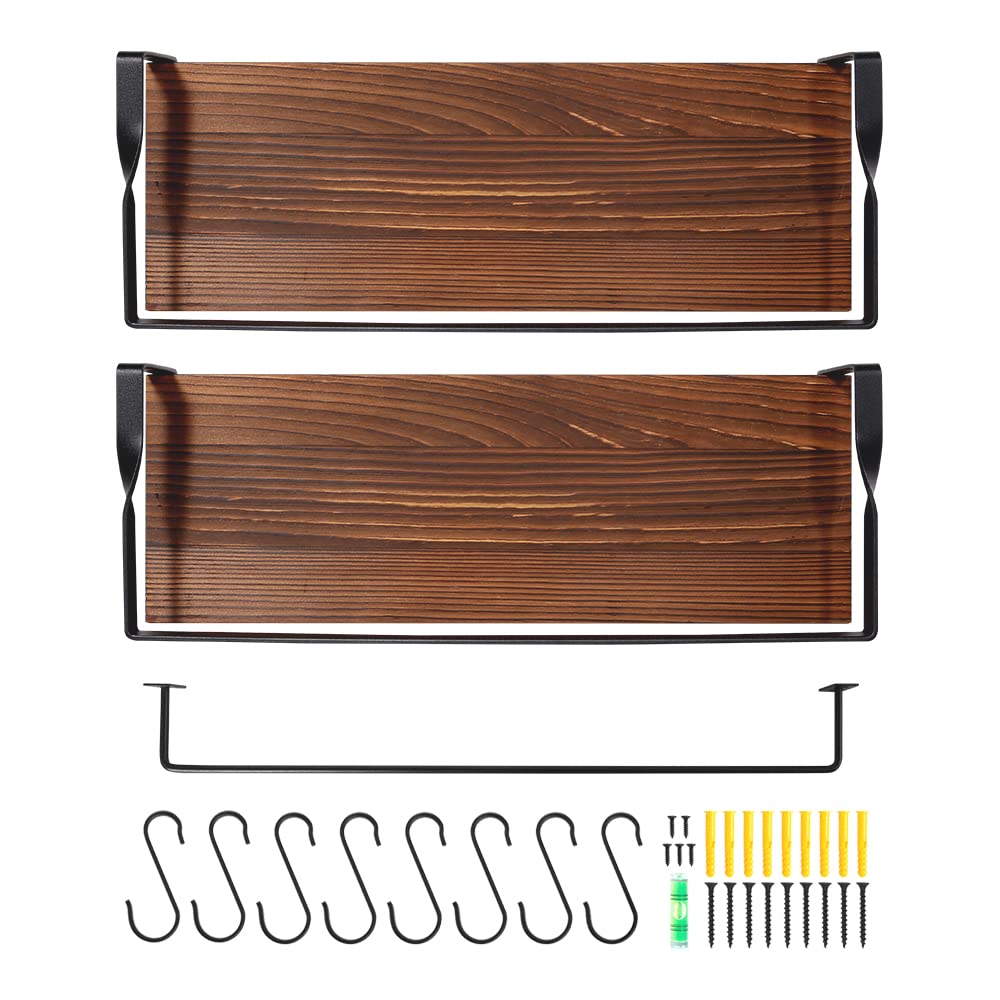 Uten Mensole da Muro Design Moderne, Set 2 Pezzi Mensole da Muro in Legno con Portasciugamani e Ganci, Mensole Sospesa da Parete Rustico per Cucina, B - 2