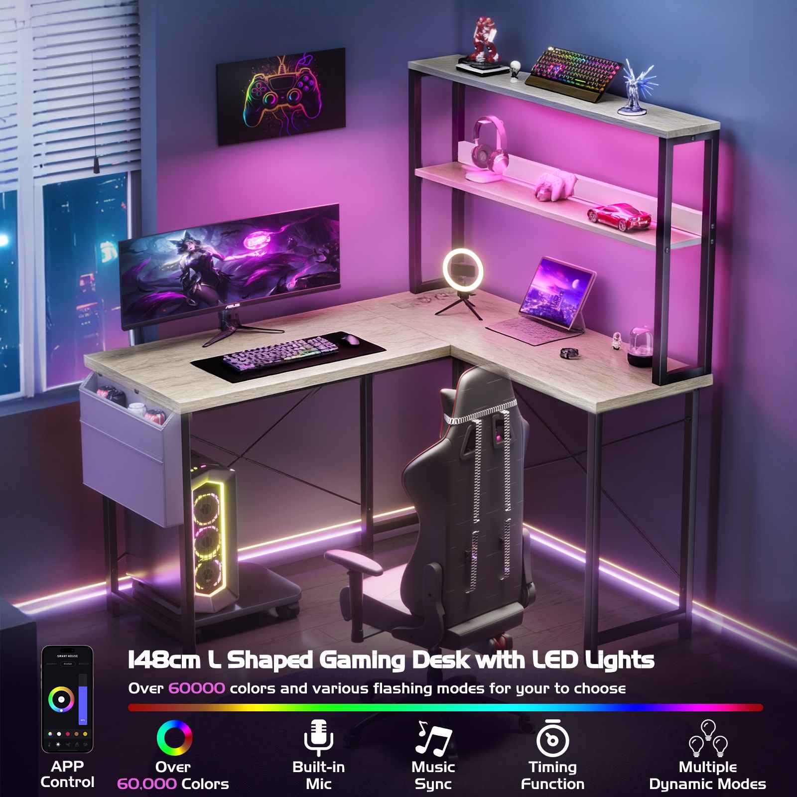 Bureau Gaming L-Forme 148cm avec LED, 3 Prises AC + 2 Ports USB, Étagères à Double Niveau, Réversible - 8